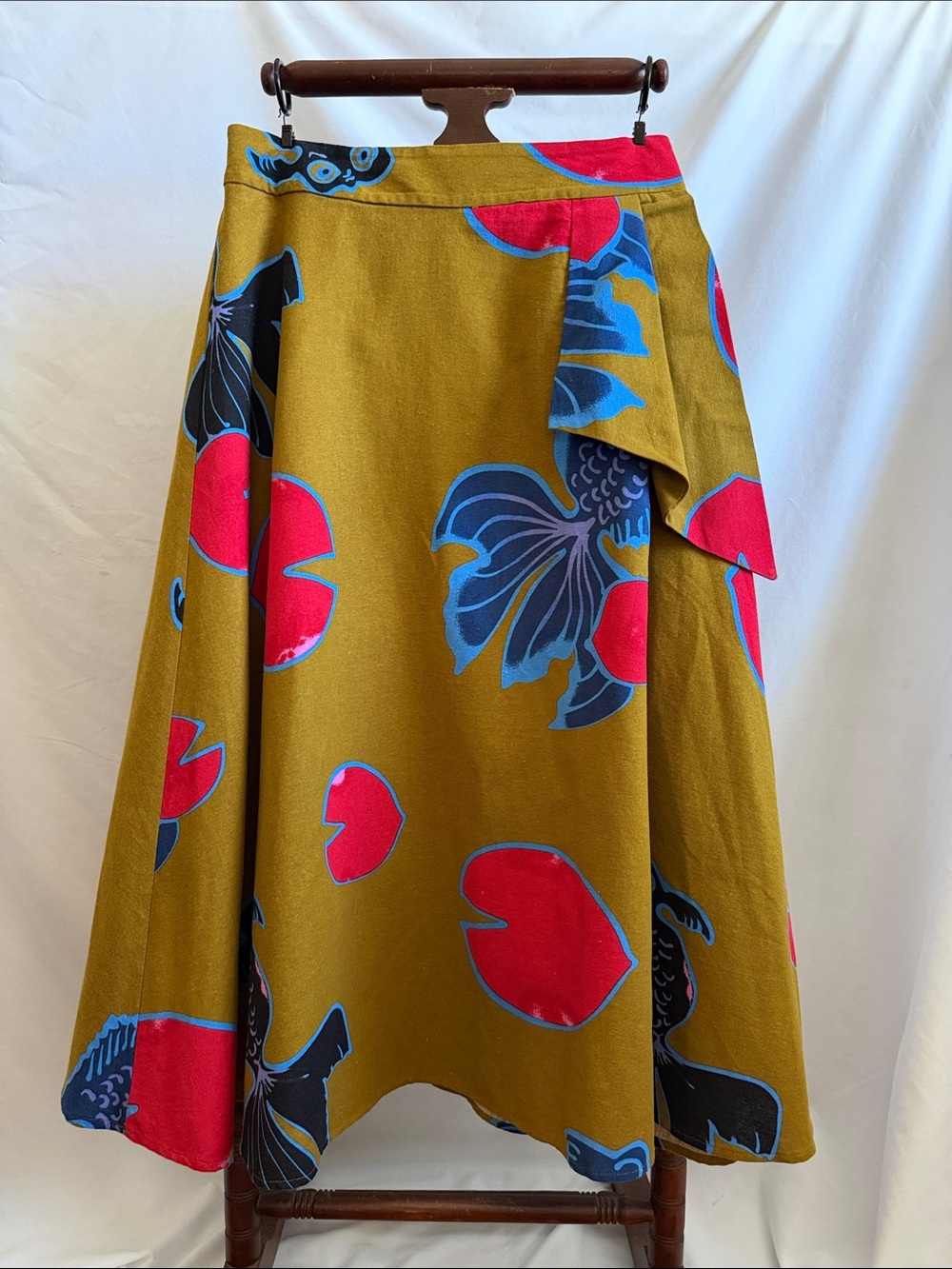 Eva Franco abstract fish Olive A-Line Skirt with Red & Blue Accents